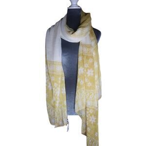 VTG Butter Yellow and White Chiffon Floral XLarge Scarf Swim Cover Up 88"L x48"W